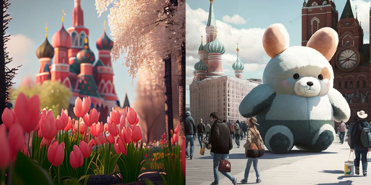Огромный медведь на Манежной и много цветов: посмотрите, как нейросеть изобразила весну в Москве