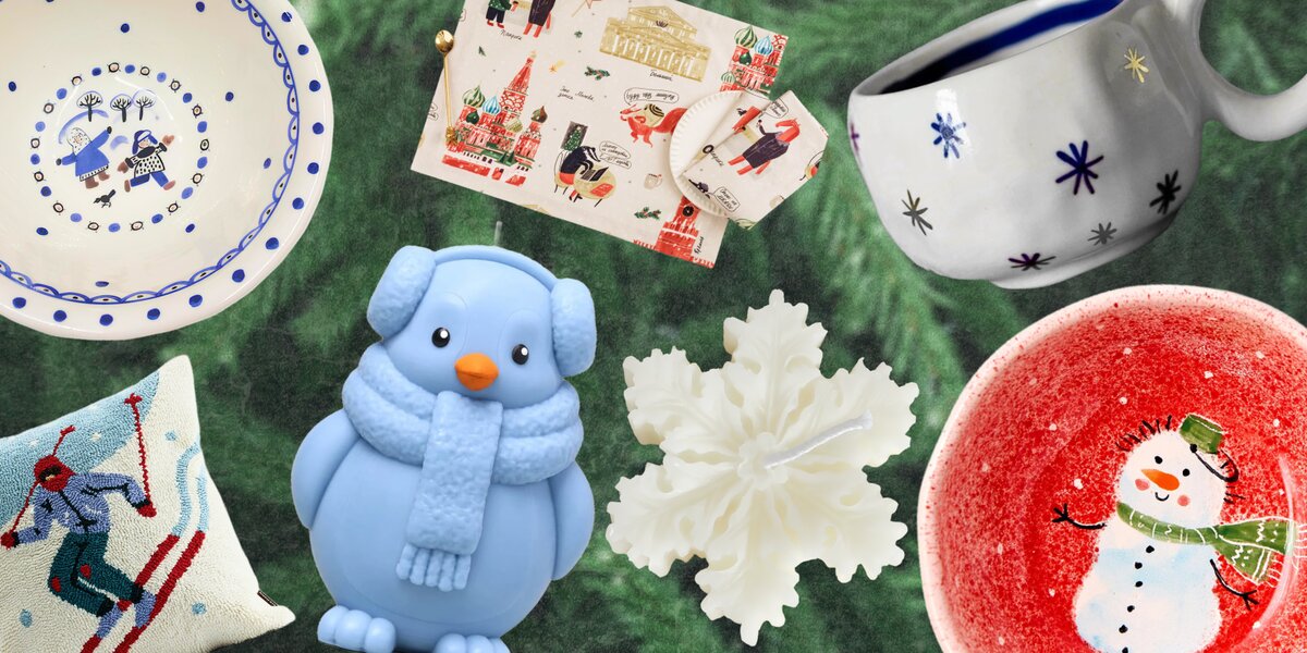 Декор для дома с первым снегом — свеча-пингвин, плед с лыжниками и чашка со снежинками